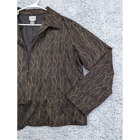 Chicos Metallic Dark Floral Blazer Size 3 / XL Open Front Embroidered Black Gold - Picture 4 of 10